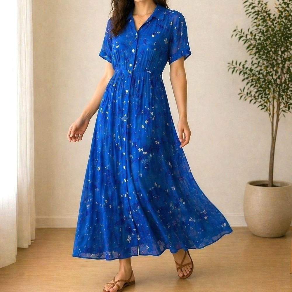 VTG 90s Blue Floral Rayon Maxi Dress Cottagecore Prairie Button 14 Karin Stevens